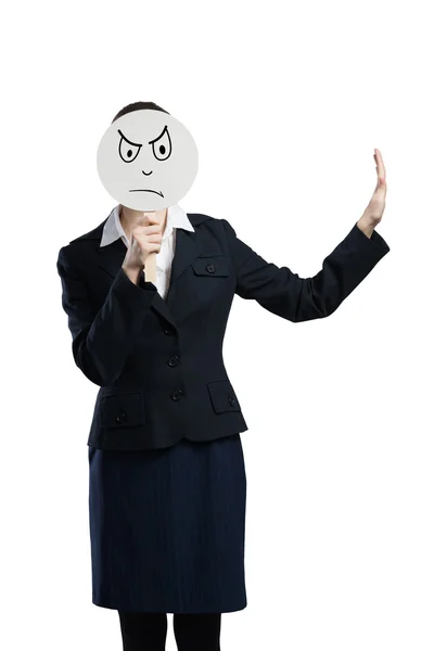 Businesswoman hiding her face behind banner — Stock Photo, Image