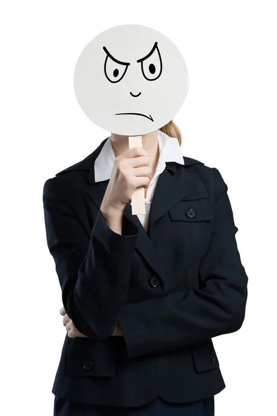 Businesswoman hiding her face behind banner — Stock Photo, Image