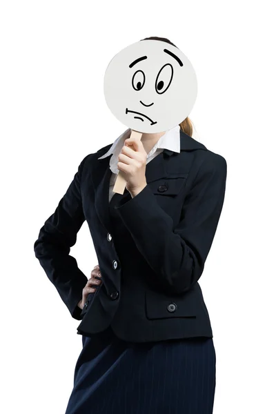 Businesswoman hiding her face behind banner — Stock Photo, Image