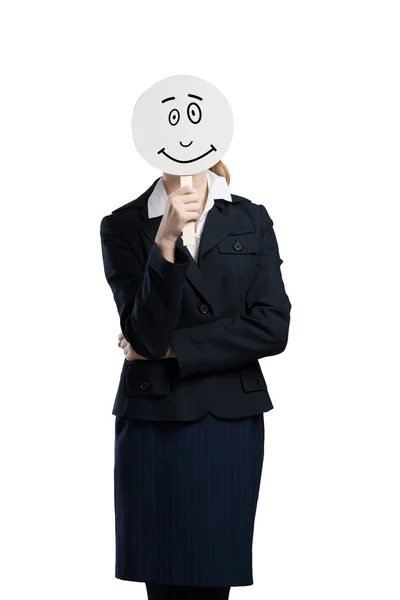 Geschäftsfrau versteckt Gesicht hinter Maske — Stockfoto