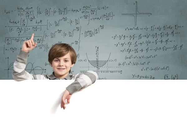 Boy with blank advertising board — Stock Photo, Image