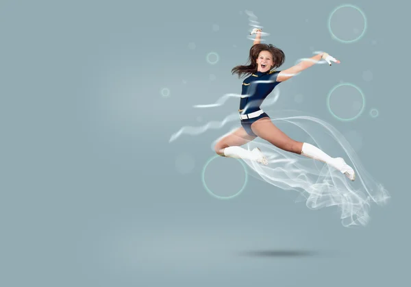 Cheerleader girl jumping high — Stock Photo, Image