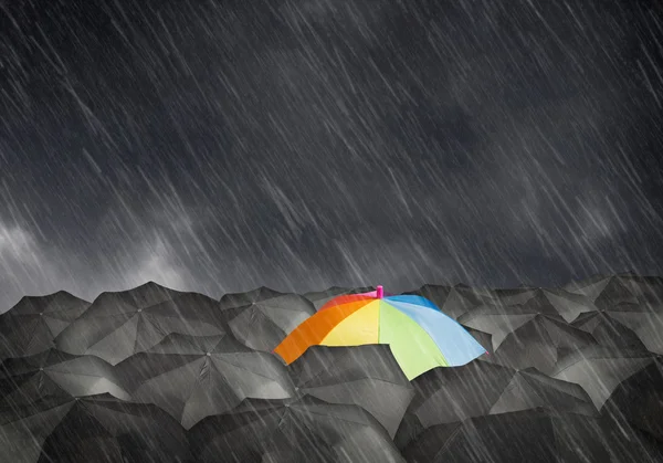 Colorful umbrella among black ones — Stock Photo, Image