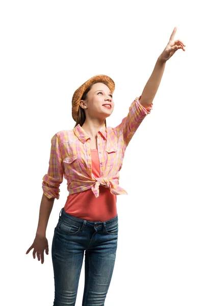 Pretty teenager girl in shirt and hat — Stock Photo, Image