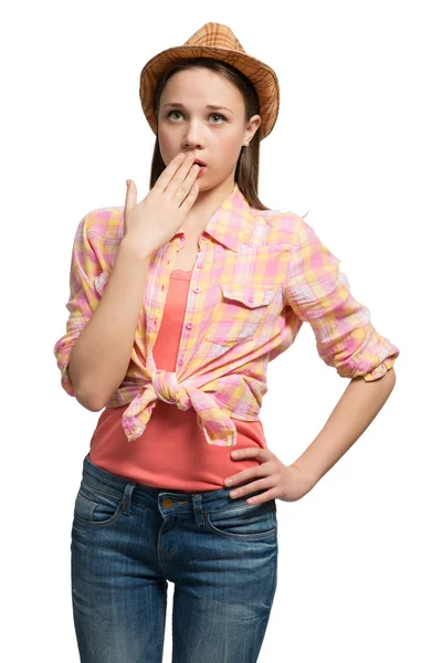 Sorprendido adolescente chica en camisa y sombrero —  Fotos de Stock