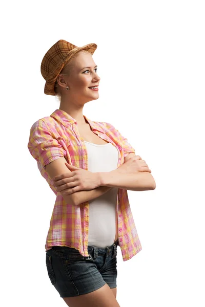 Bastante adolescente chica en pantalones cortos y sombrero — Foto de Stock