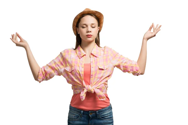 Surprised teenager girl in shirt and hat — Stock Photo, Image