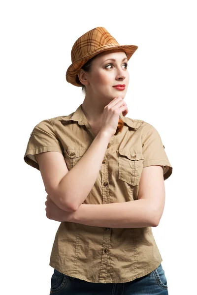 Menina adolescente bonita em camisa e chapéu — Fotografia de Stock