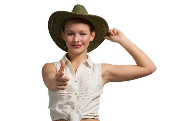 漂亮的十几岁的女孩，穿着衬衫和帽子 — 图库照片
