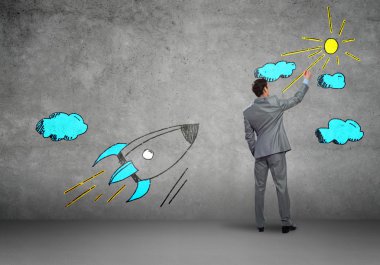 işadamı çizim roket duvar