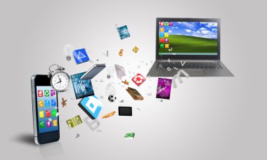 dizüstü bilgisayar ve hareket eden smartphone ve simgeler