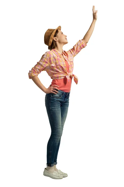 Dívka hezká teenager v košili a klobouk — Stock fotografie