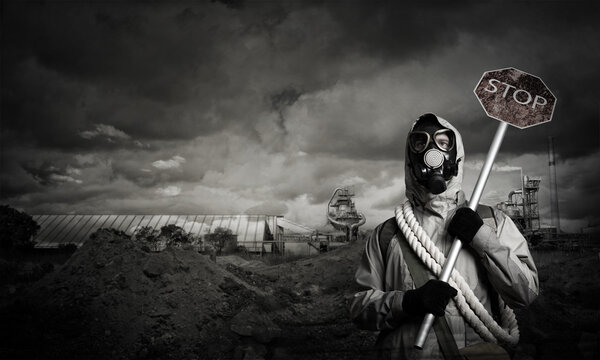 Stalker  with precaution stop signboard