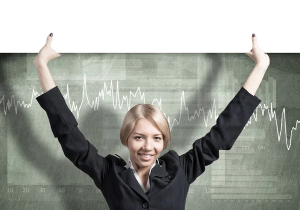 Zakenvrouw heffen witte lege banner — Stockfoto