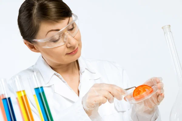 Cientista fêmea fazendo testes — Fotografia de Stock