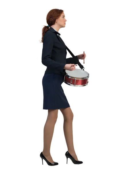 Funny businesswoman playing drums — Stock Photo, Image