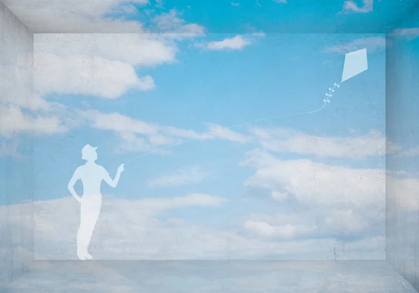 Girl playing with flying kite — Stock Photo, Image