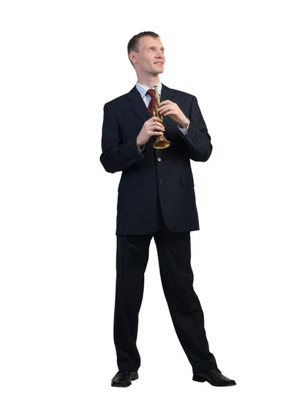 Cheerful businessman playing fife — Stock Photo, Image