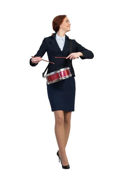 Funny businesswoman  playing drums — Stock Photo, Image