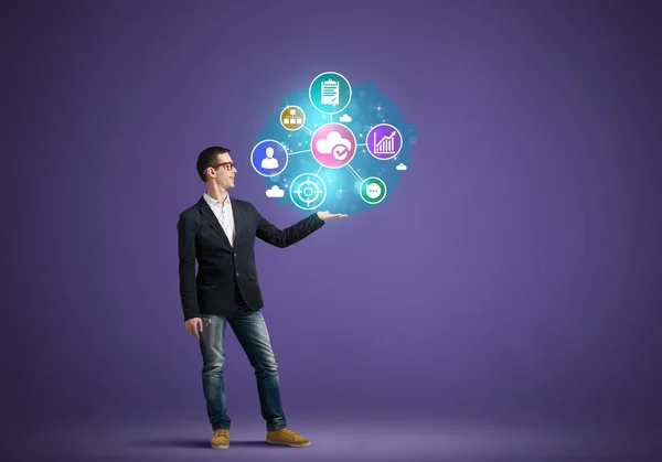 Man presenting  social networking icons — Stock Photo, Image