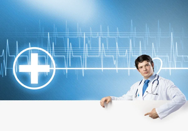 Medico con banner in bianco — Foto Stock