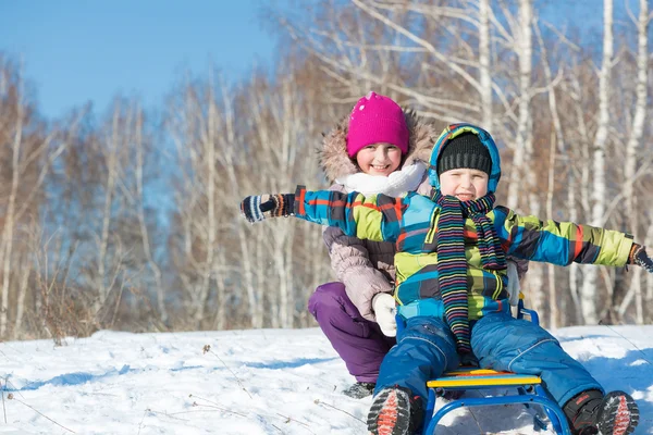 Kids riding sled — Stock Photo, Image