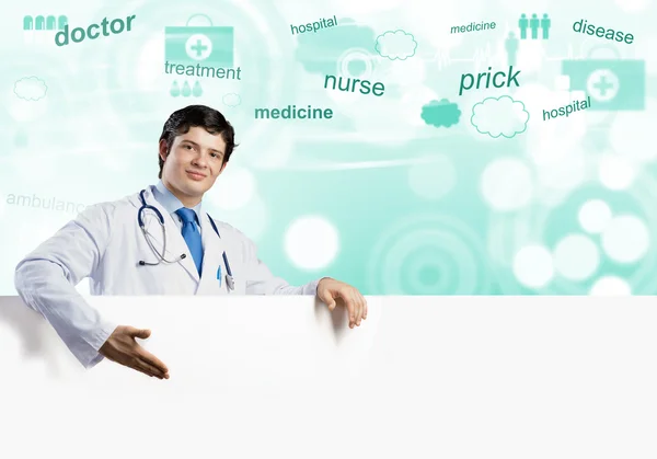 Medico con banner in bianco — Foto Stock