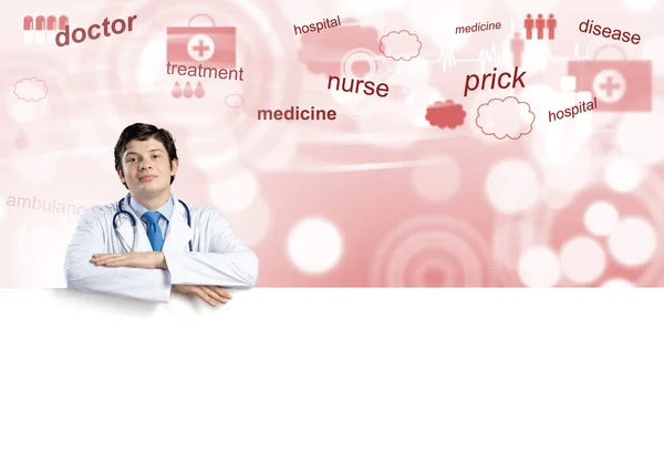 Medico con banner in bianco — Foto Stock