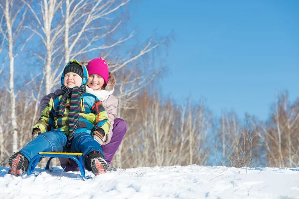 Kids riding sled — Stock Photo, Image