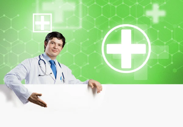 Doctor holding banner — Stock Photo, Image