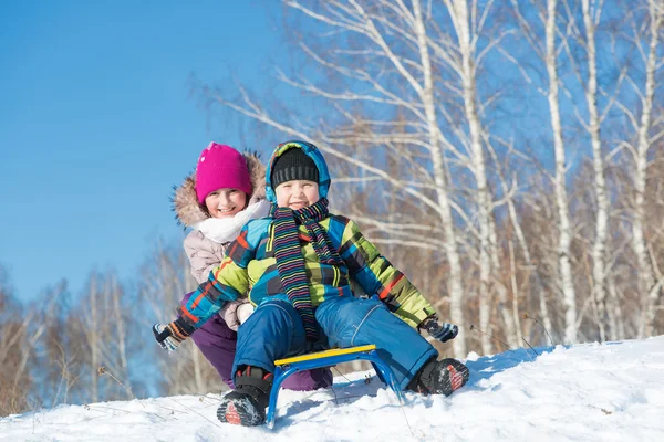 Kids riding sled — Stock Photo, Image