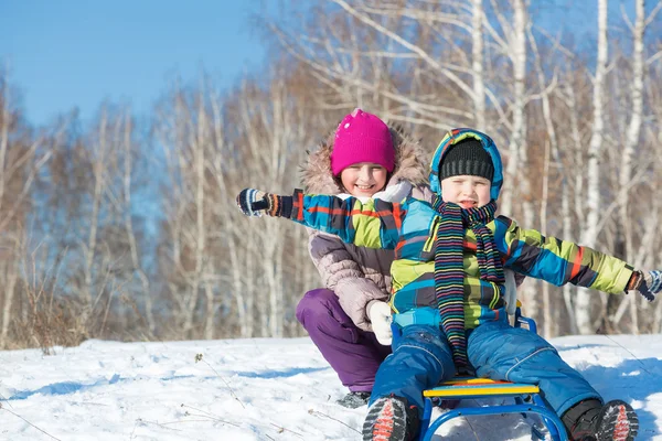 Kids riding sled — Stock Photo, Image