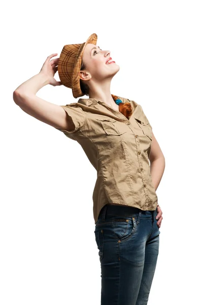 十几岁的女孩，穿着衬衫和帽子 — 图库照片