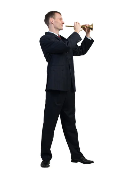 Hombre de negocios alegre jugando al fife — Foto de Stock