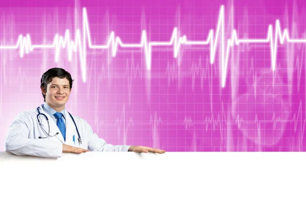 Medico con banner in bianco — Foto Stock