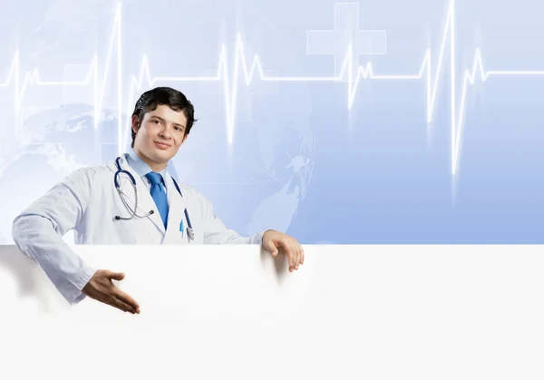Läkare innehav Tom banner — Stockfoto