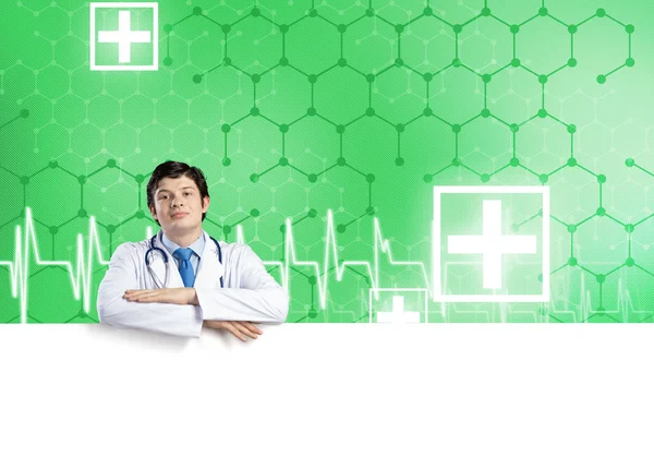 Doctor sosteniendo banner — Foto de Stock