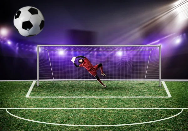 Goalkeeper in gates jumping — Stock Photo, Image