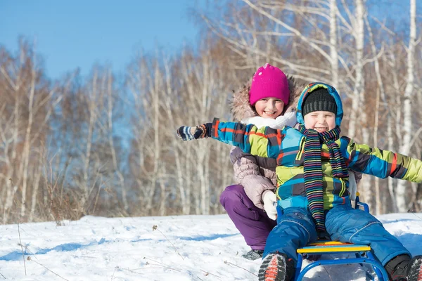 Kids riding sled — Stock Photo, Image