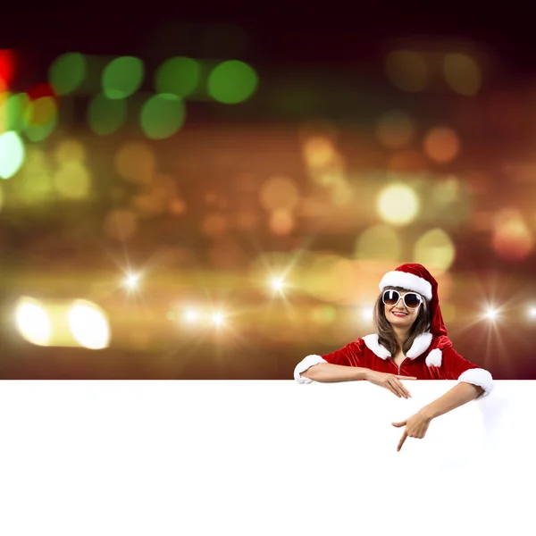 Santa woman with  blank banner — Stock Photo, Image