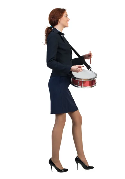 Funny businesswoman playing drums — Stock Photo, Image