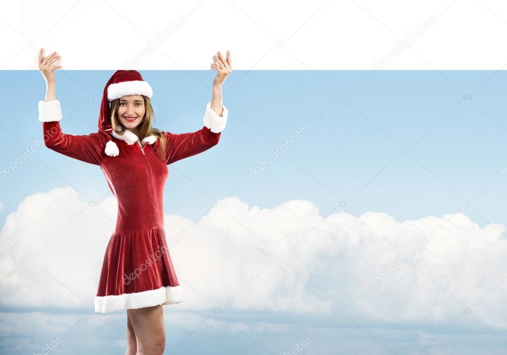 Santa woman with blank banner.