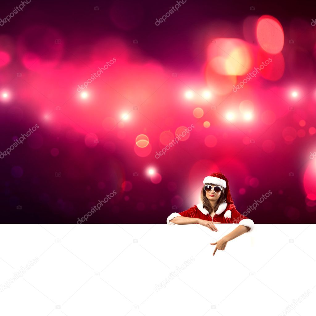 Santa woman with blank banner.