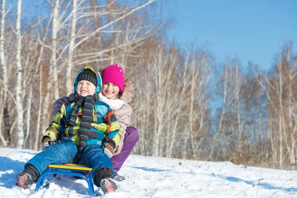 Kids riding sled — Stock Photo, Image