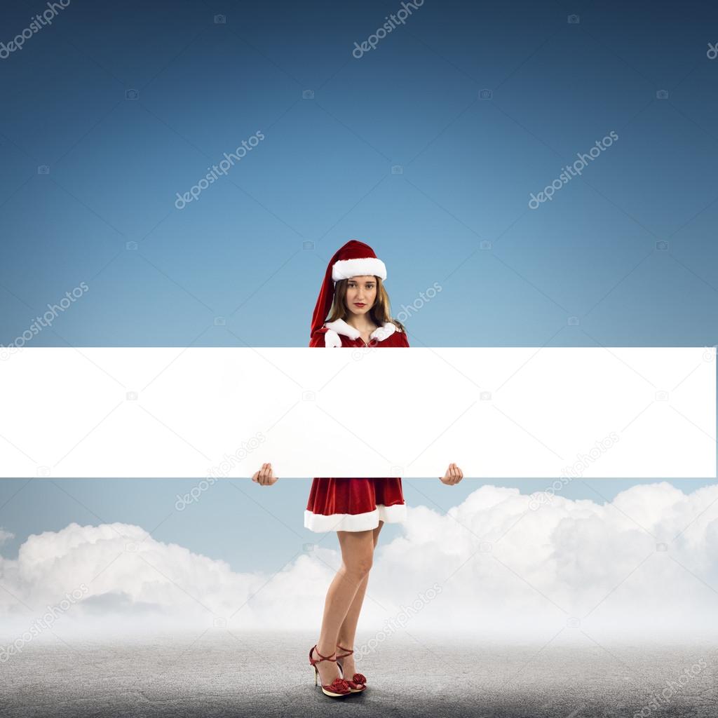 Santa woman with blank banner.