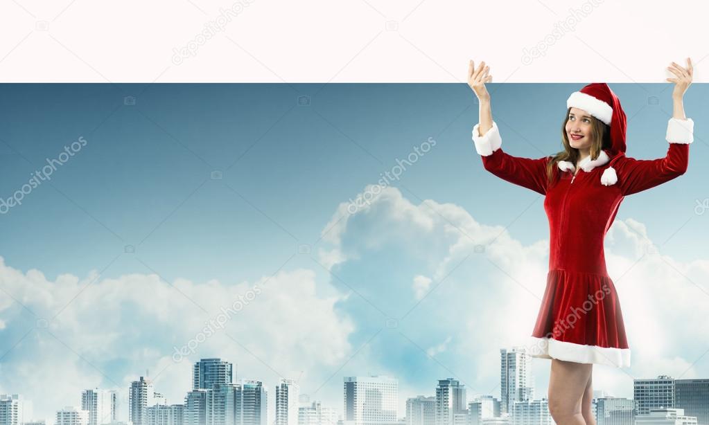 Santa woman with blank banner.