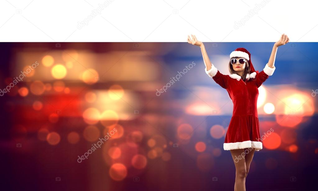 Santa woman with blank banner.