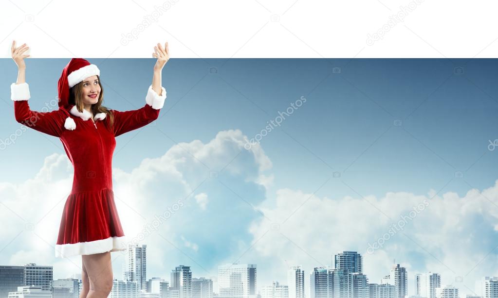 Santa woman with blank banner.