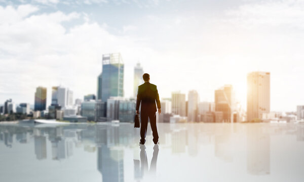 businessman with suitcase looking at sunset