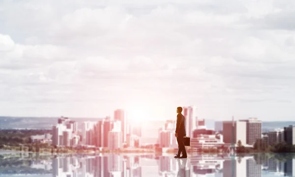Businessman with suitcase looking at sunset — Stock Image Businessman with suitcase looking at sunset Royalty Free Stock Images